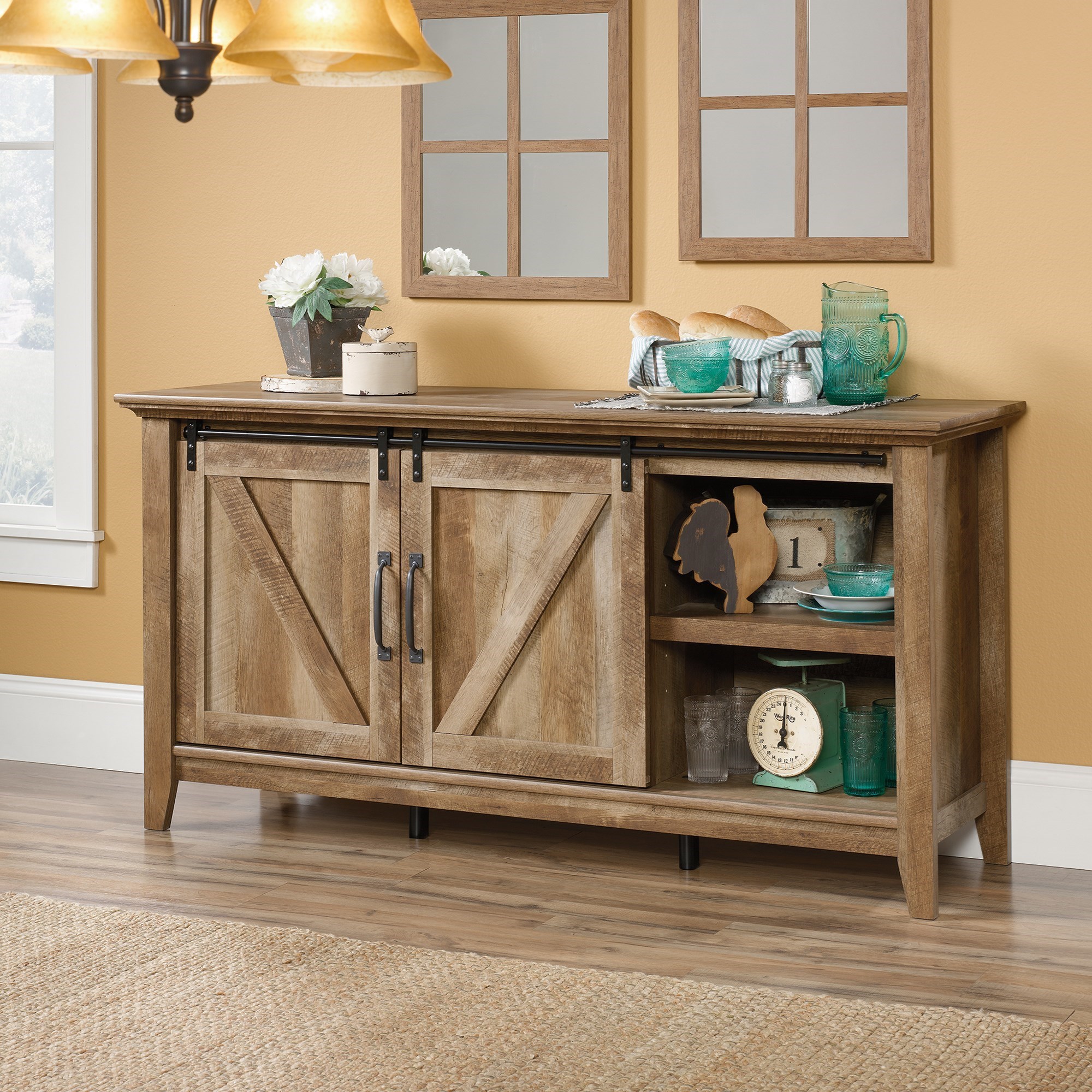 Sauder Dakota Pass Rustic Finish Credenza TV Stand with Barn Doors